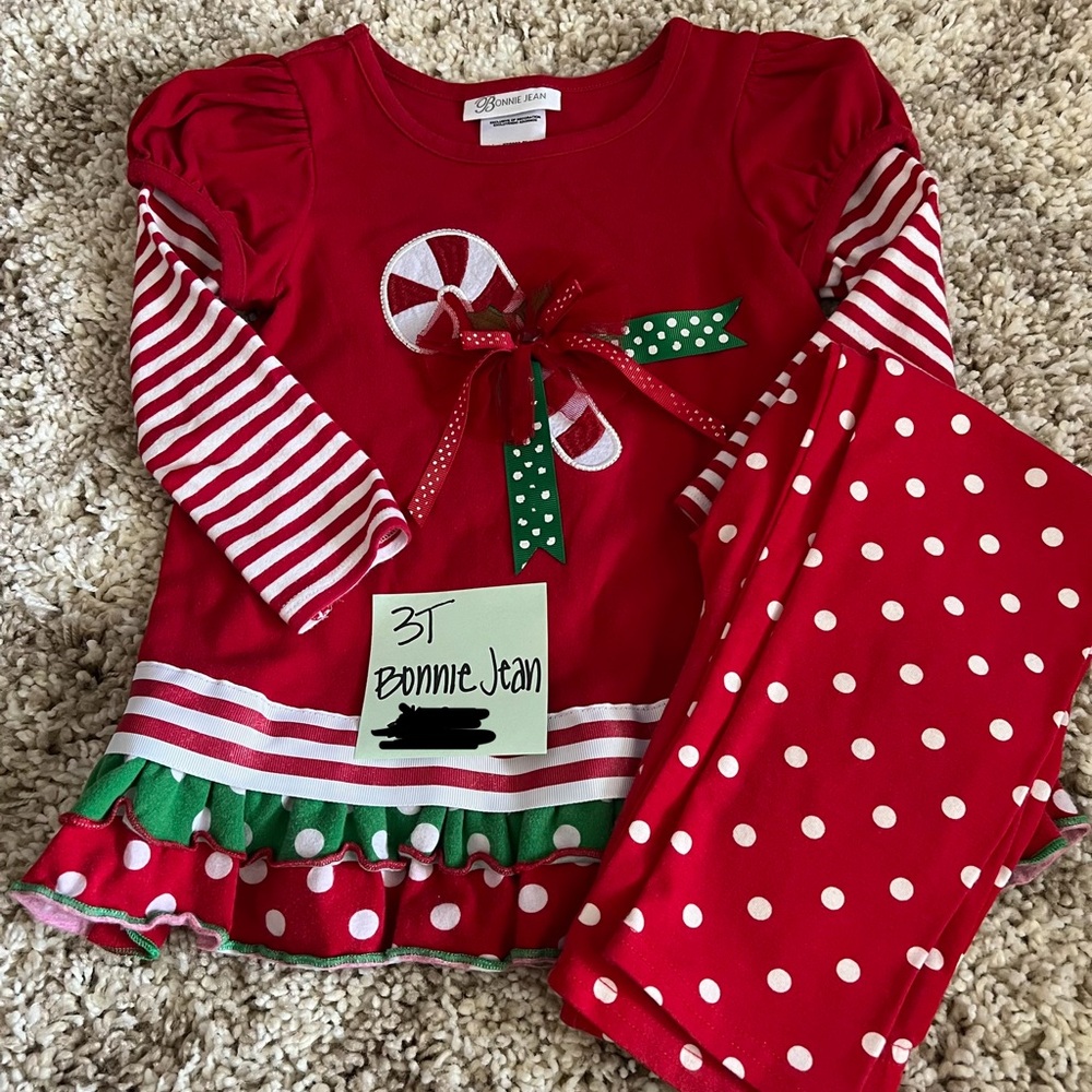 Bonnie Jean Red & White Candy Cane Holiday Set with Green Accents